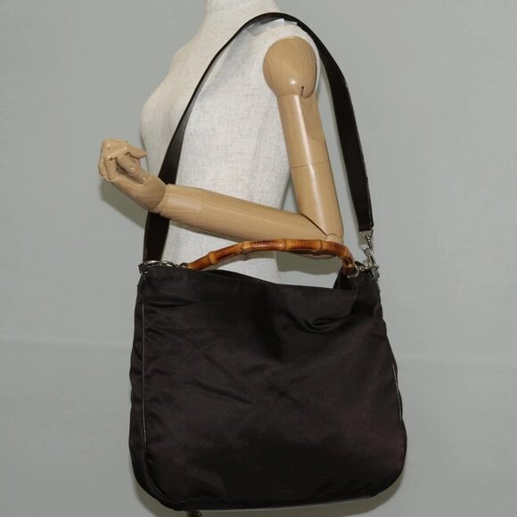 GUCCI Bamboo Hand Bag Nylon 2way Brown Auth - Picture 1 of 15